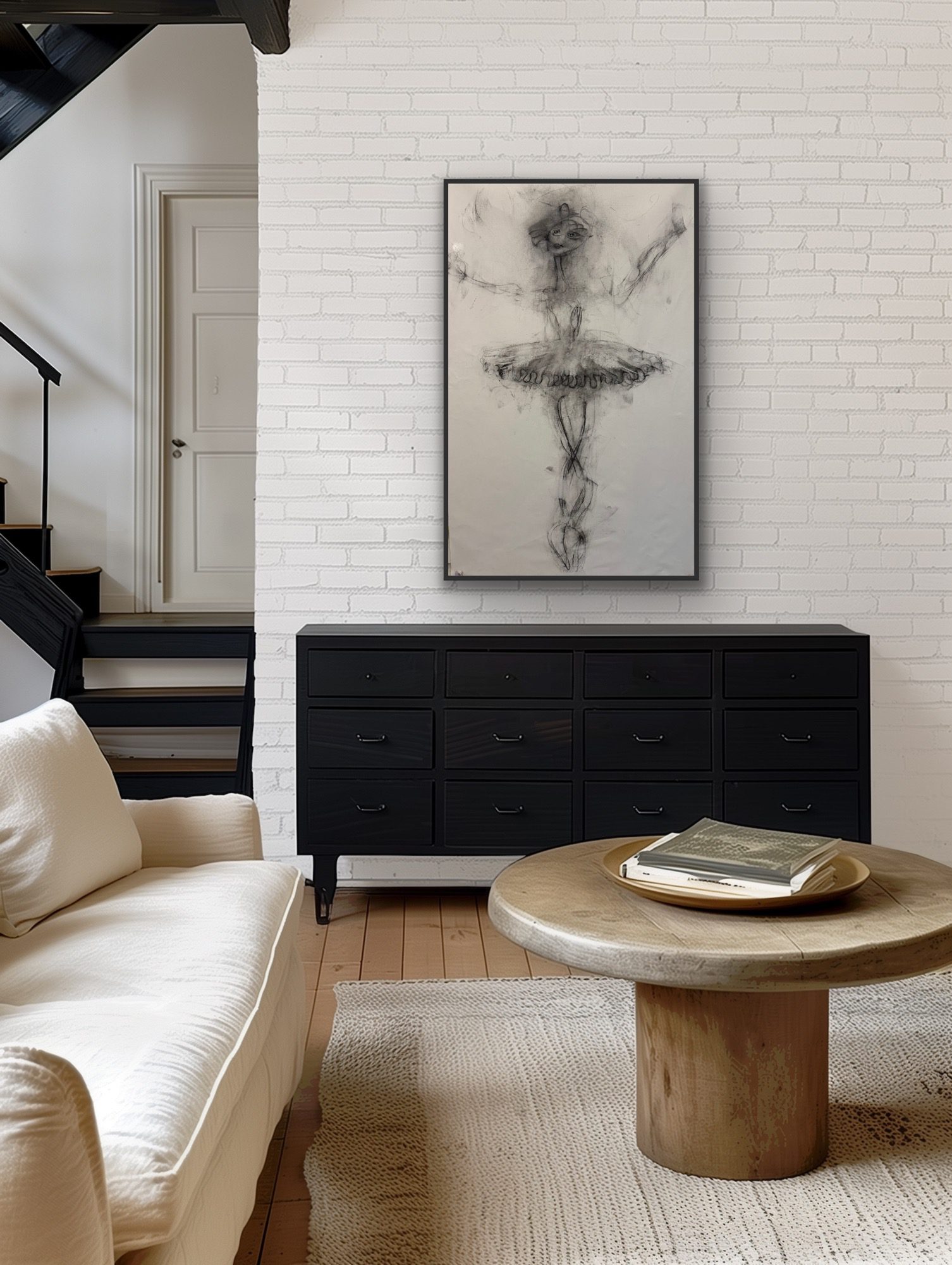 Modern living room with minimalist decor and crucifix artwork.