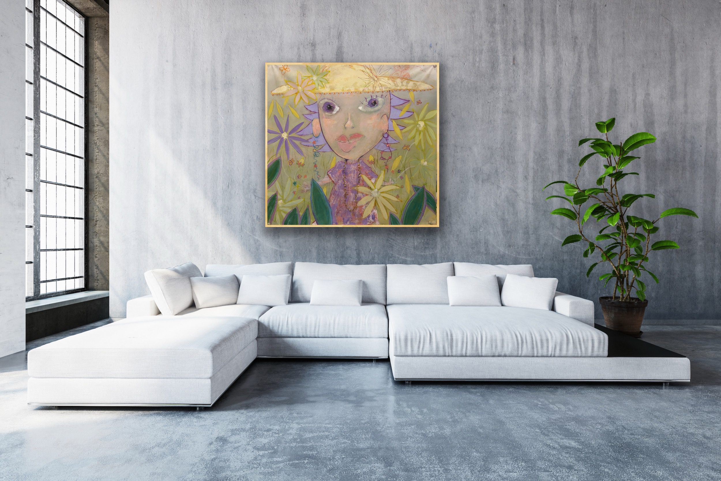 Modern living room with white sectional sofa and whimsical floral portrait.