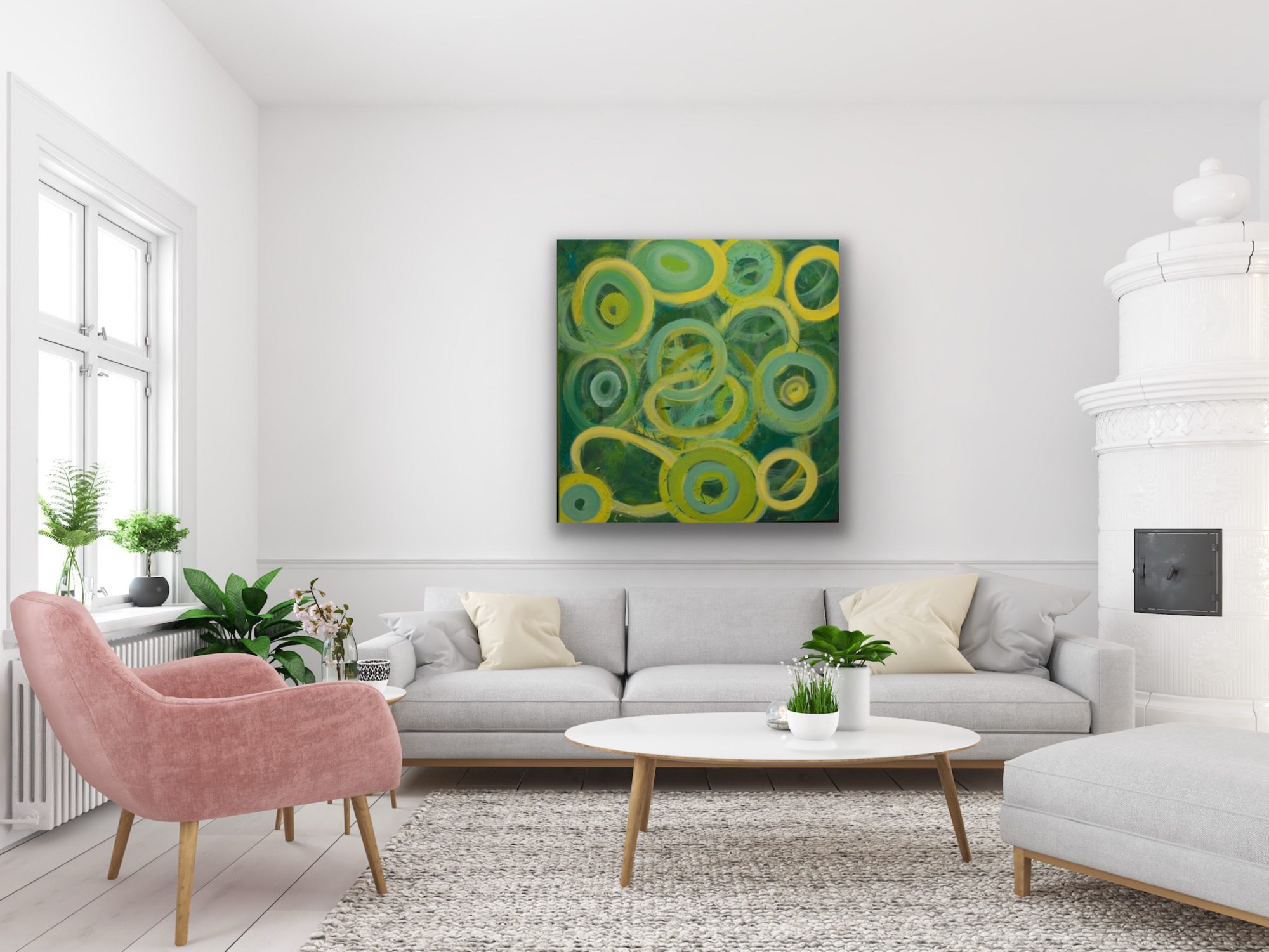 Modern living room with neutral tones and vibrant abstract art.