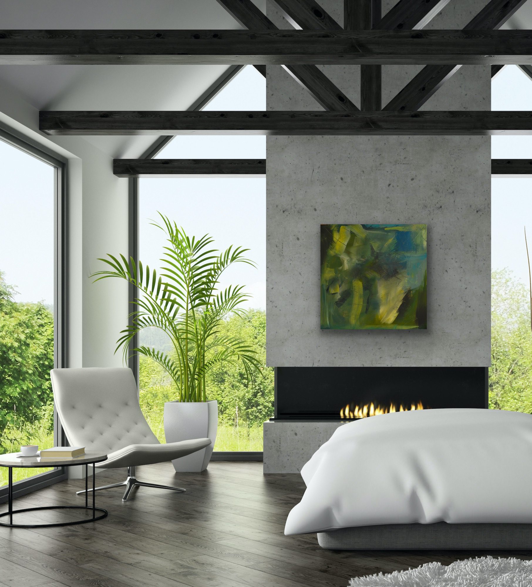 Modern bedroom with large windows, cozy bed, and minimalistic decor.