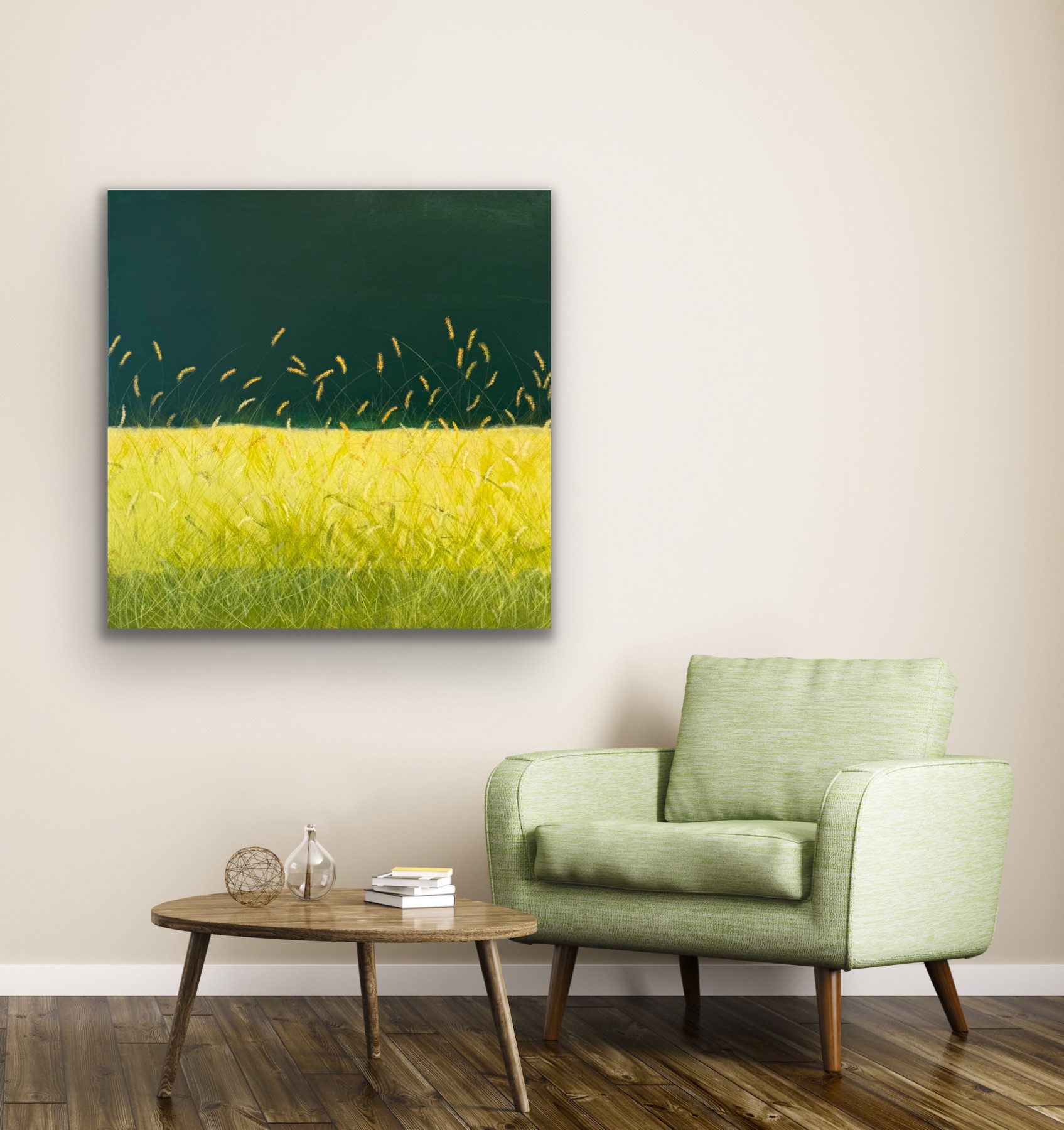 Modern living room with green armchair and abstract wall art.