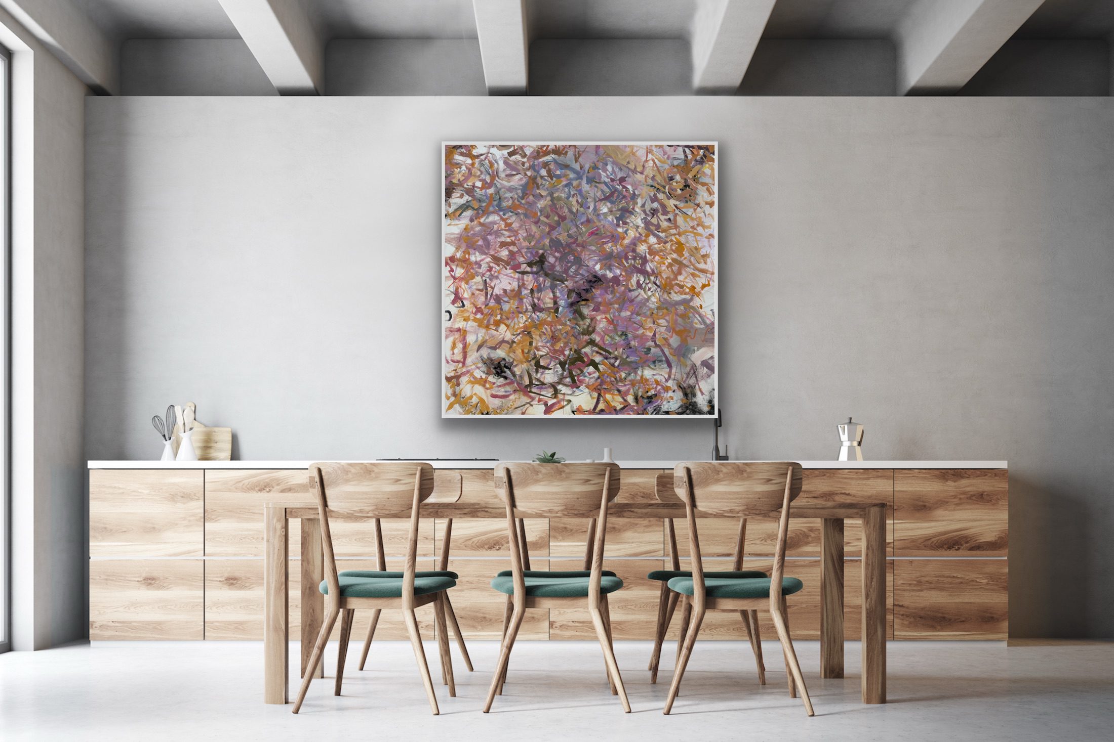 Modern dining area with wooden chairs and abstract wall art above.