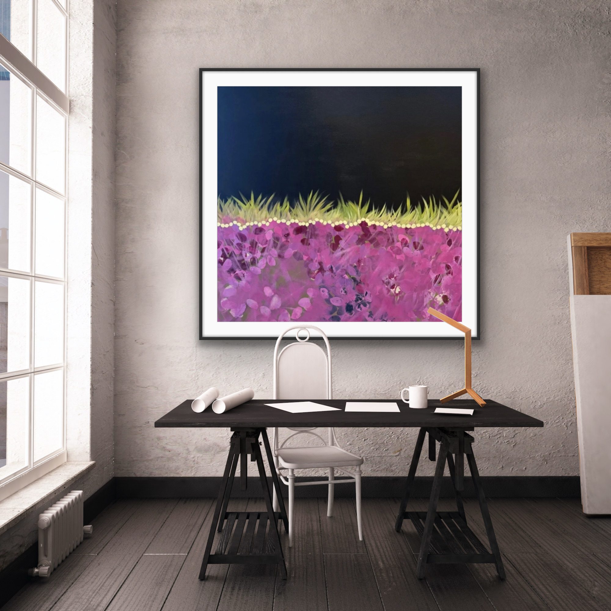 Modern dining area with a vibrant abstract painting on the wall.