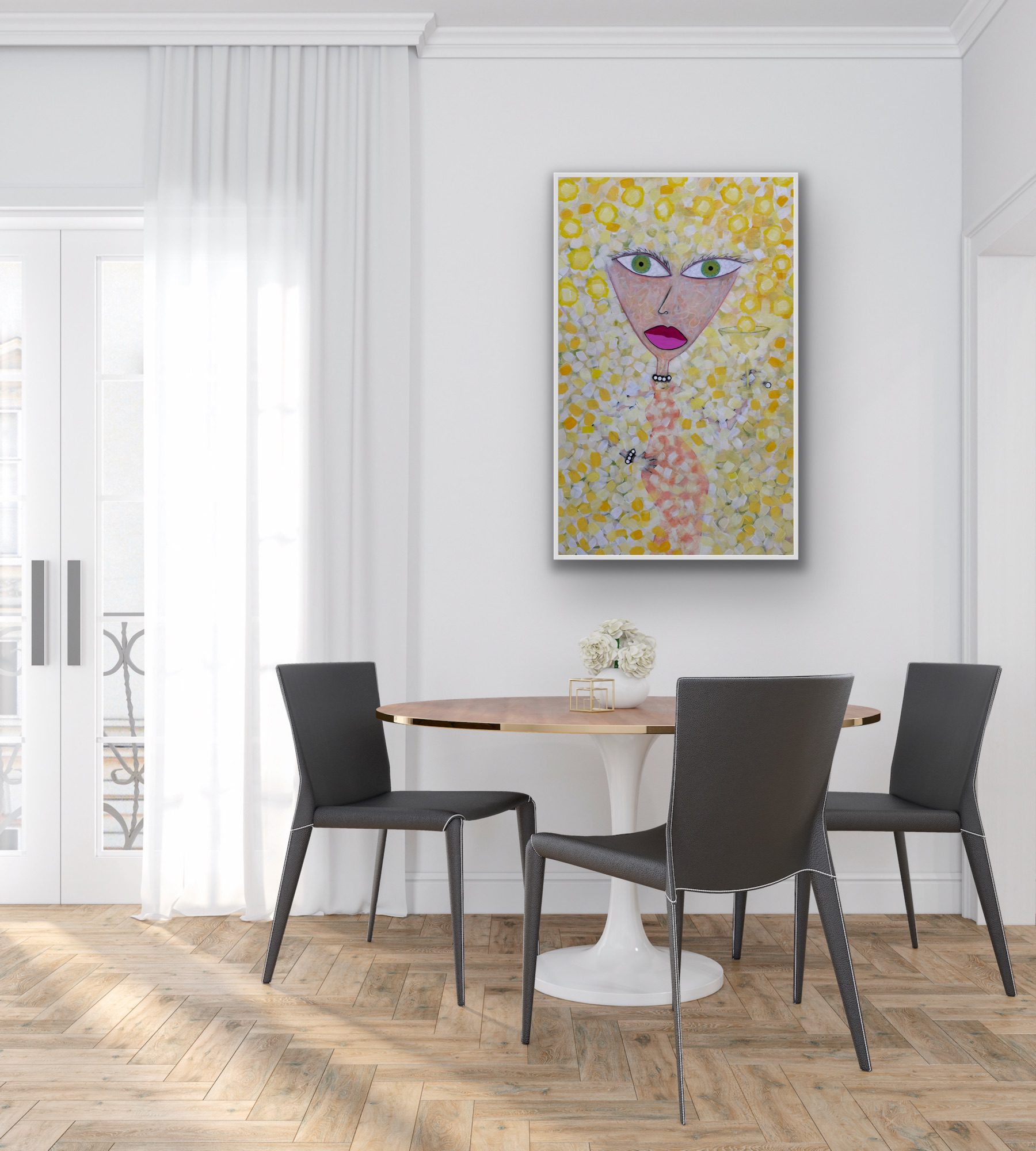Modern dining area with abstract art on the wall.