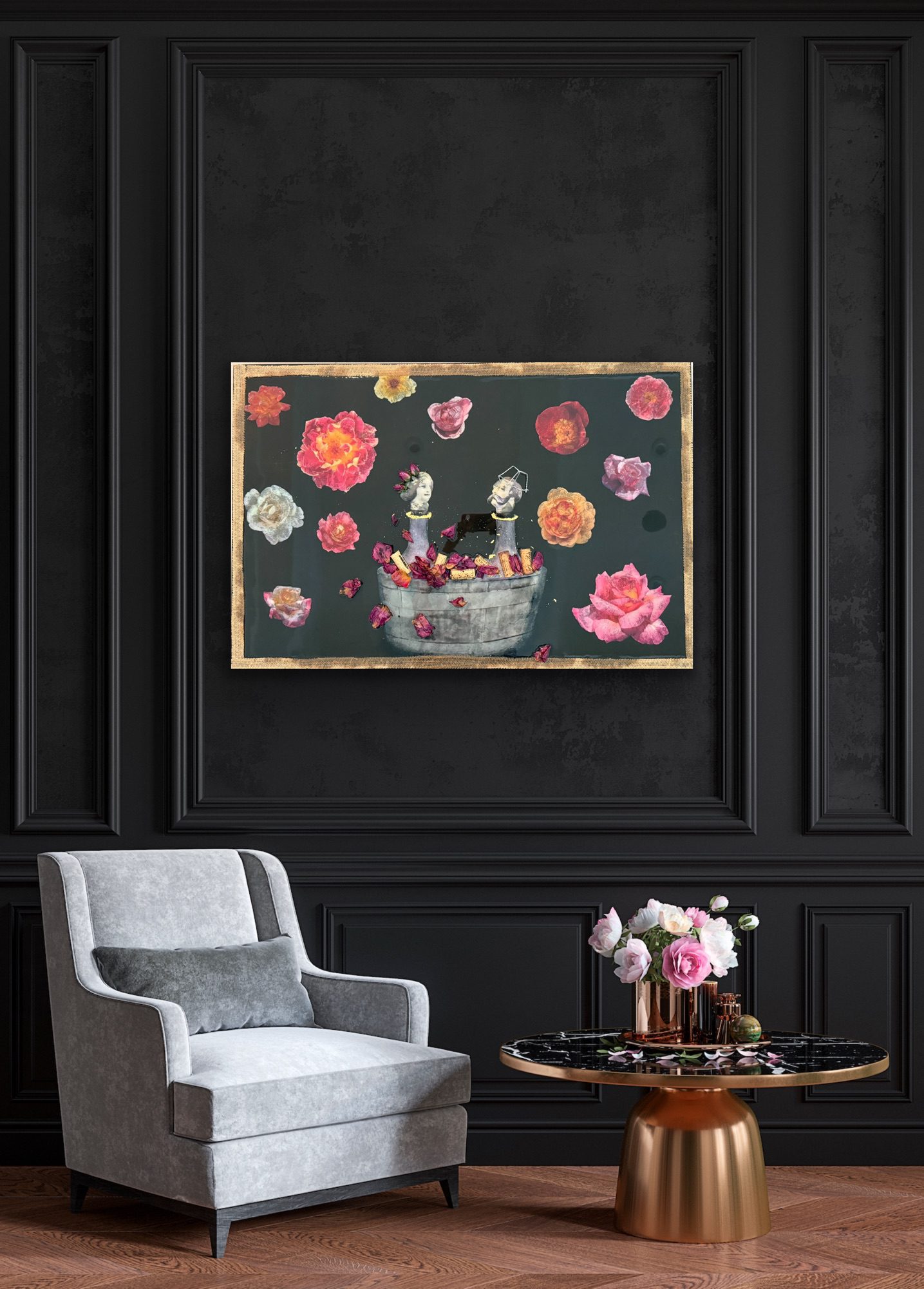 Elegant living room with floral artwork and modern furniture.