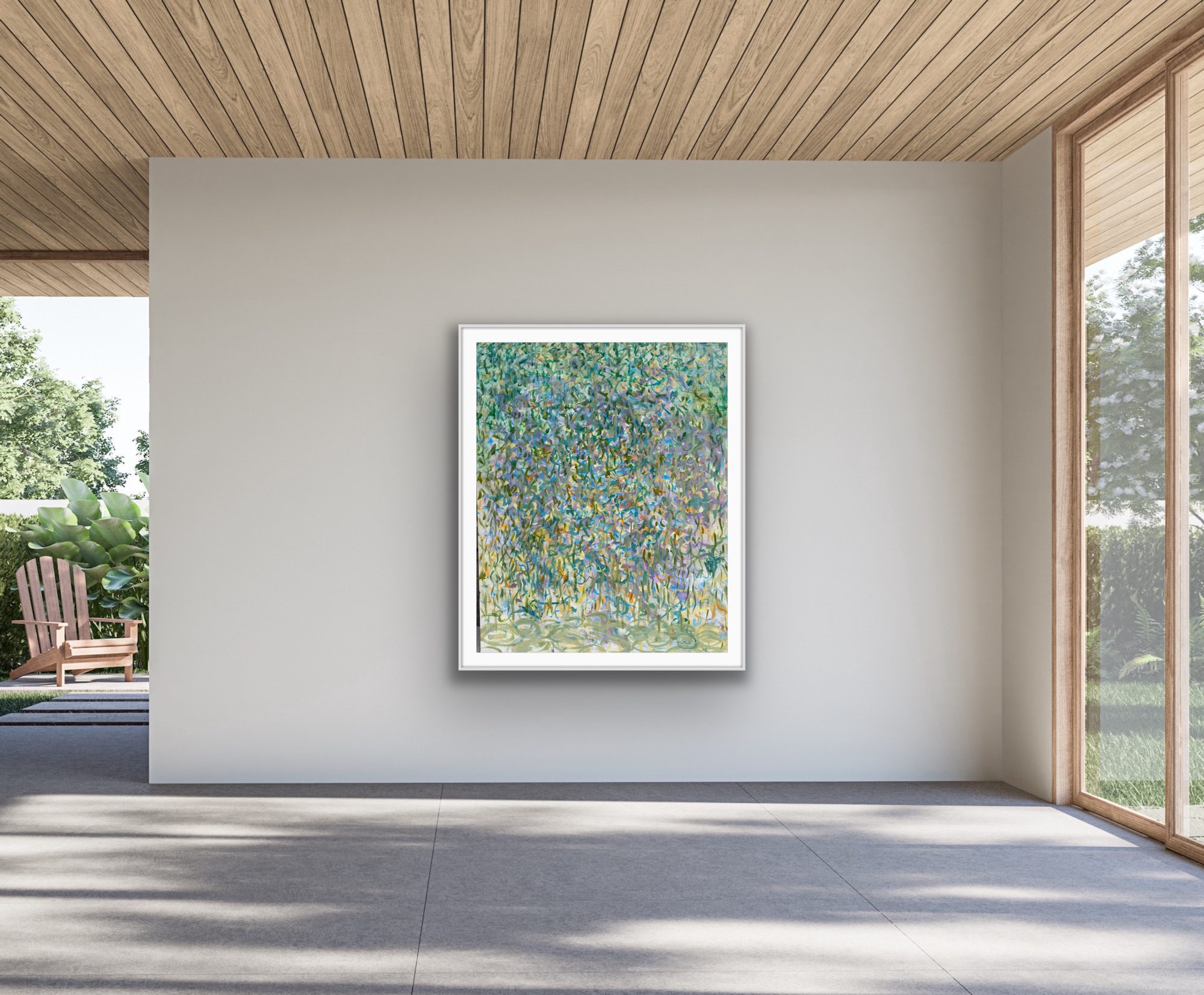 Abstract colorful artwork hanging on a modern wall.
