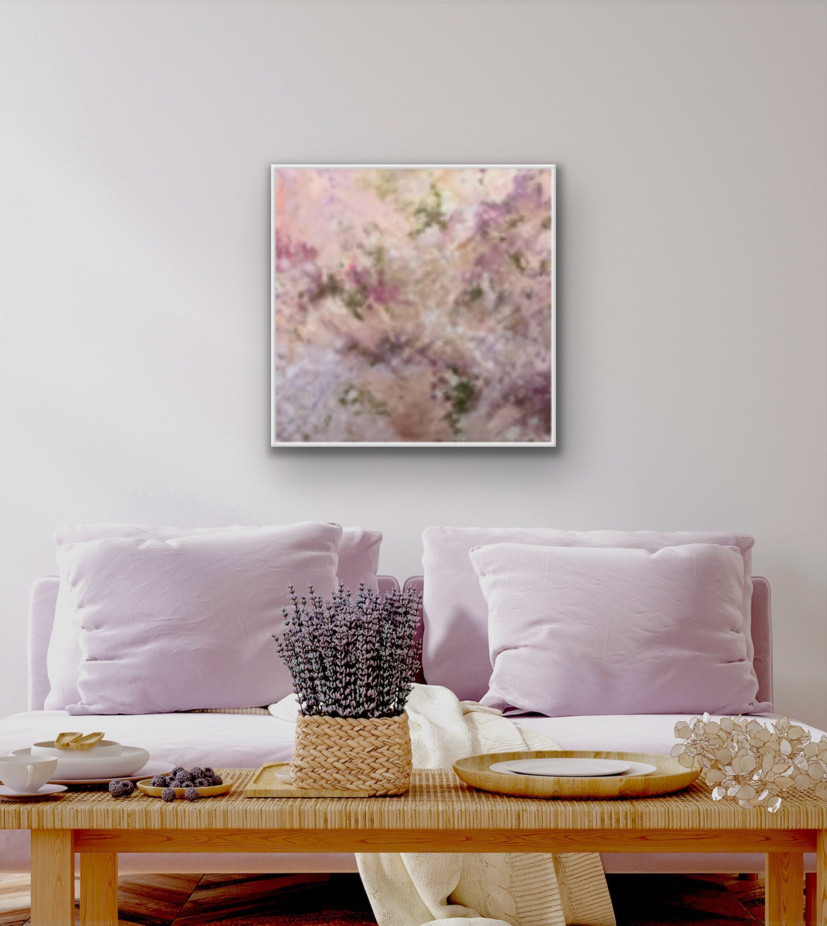 Cozy dining setup with pastel cushions and floral wall art.