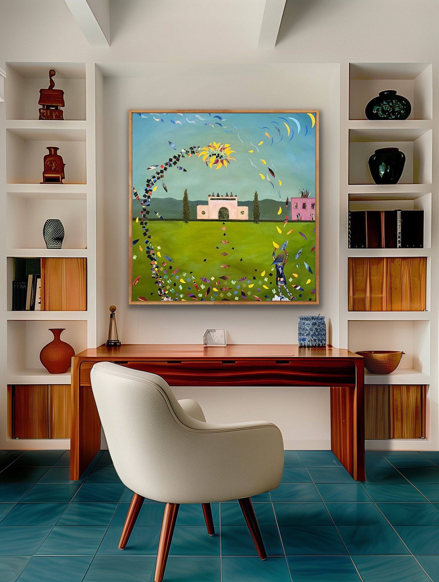 Cozy workspace with a colorful countryside painting above a wooden desk.