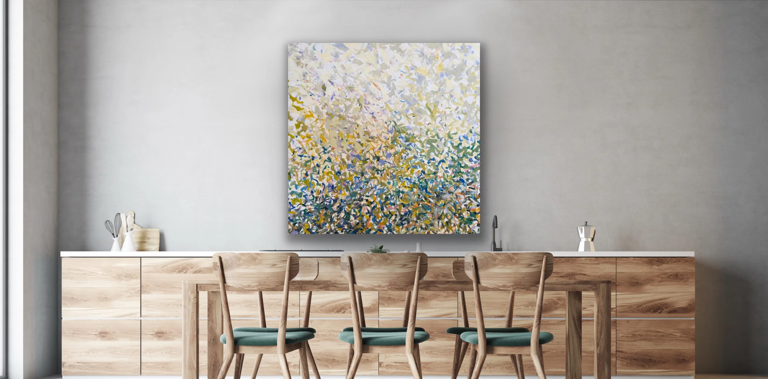 Dining room with abstract floral painting