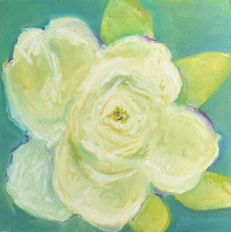 Cream flower painting on teal background